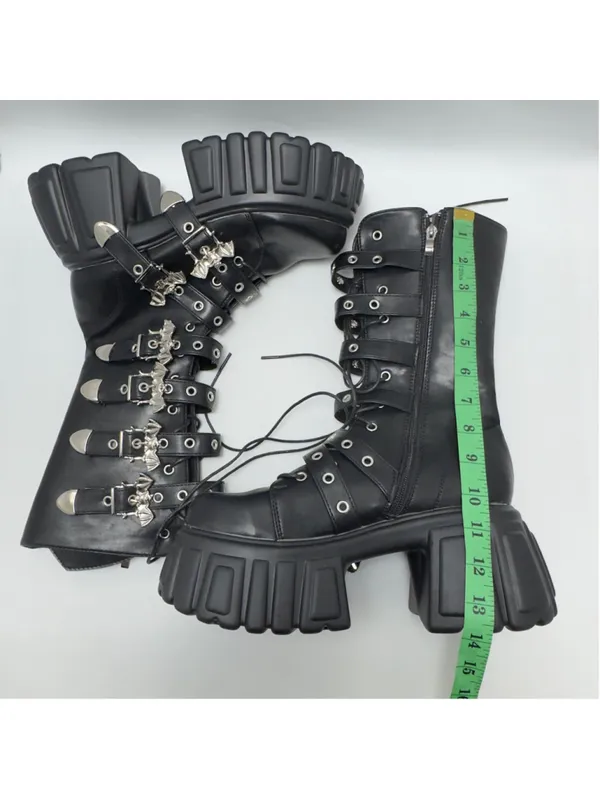 Gothic Punk Black Platform Goth Boots with Bat Buckles Size 9 - Image 4