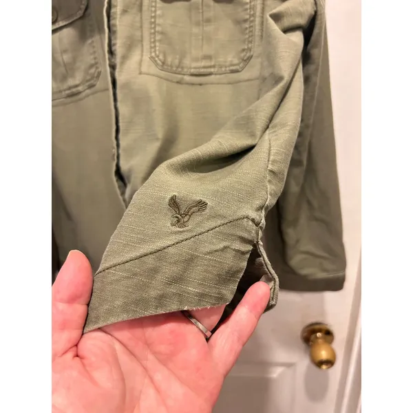 American Eagle Womens Large Olive Green Utility‎ Field Jacket Grey Jersey Hood L - Image 4