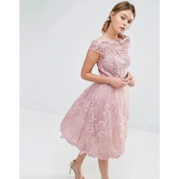 Chi Chi London Lace Premium Lace Midi Prom Dress With Bardot Neck In Mink - Image 5