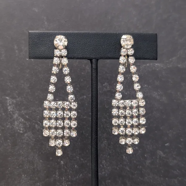 Vintage Clip On Earrings 2.25" Long Clear Gem Drop Dangle Regal Statement - Image 2