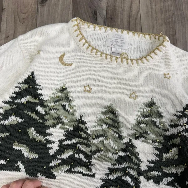 Vintage Christmas Tree Holiday beaded hand knitted sweater - Image 2