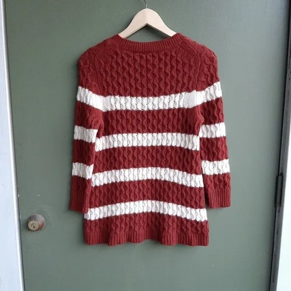 J.Crew 100% Merino Wool Chunky Cable Knit Sweater Small Brown Striped Preppy - Image 4