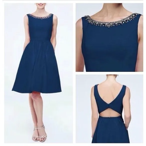 Davids‎ Bridal Faille Dress Sz 4 Formal Beaded Neckline Cutout Back Fit Flare - Image 2