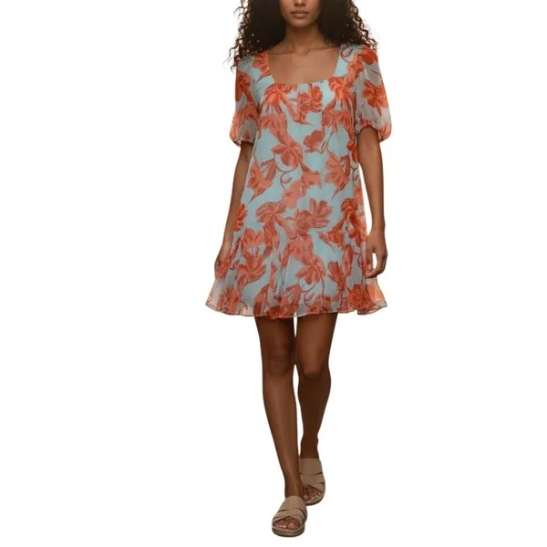 Olivaceous Floral Whimsical Boho Puff Sleeve Mini Dress Orange Blue Size Medium - Image 11