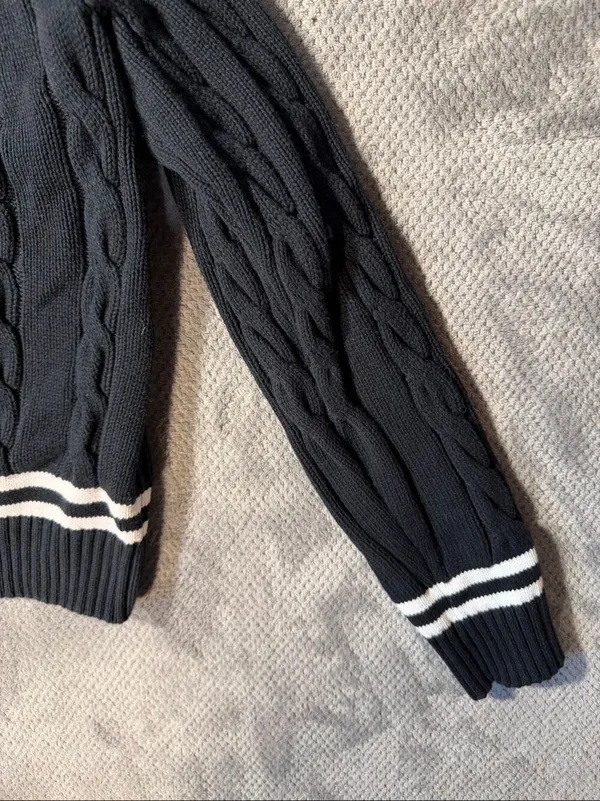 Hope & Henry Women's L Black White Cable Knit V-Neck Sweater Organic Cotton #170 - Image 5