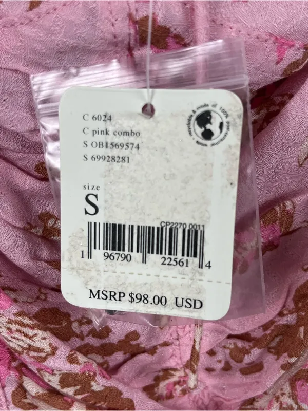FREE PEOPLE Hilary Pink Floral Tie Closures Ruched Front Puff Sleeves Top Small - Image 8