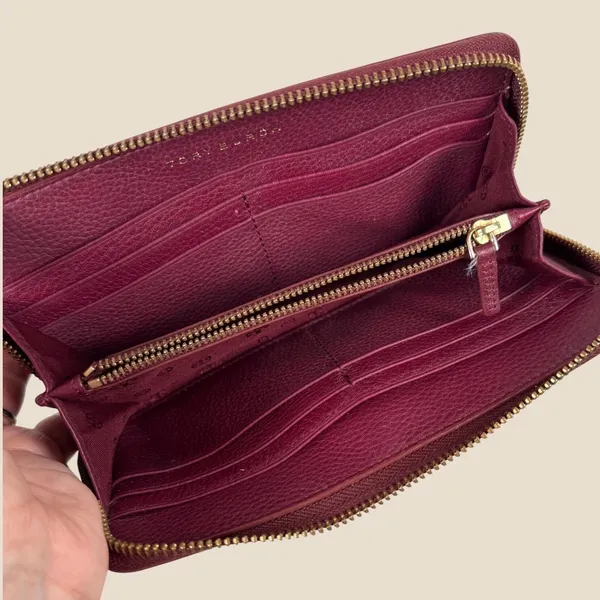 Tory Burch Pebbled Leather Zip Around Continental Wallet Burgundy Logo Clutch - Image 3
