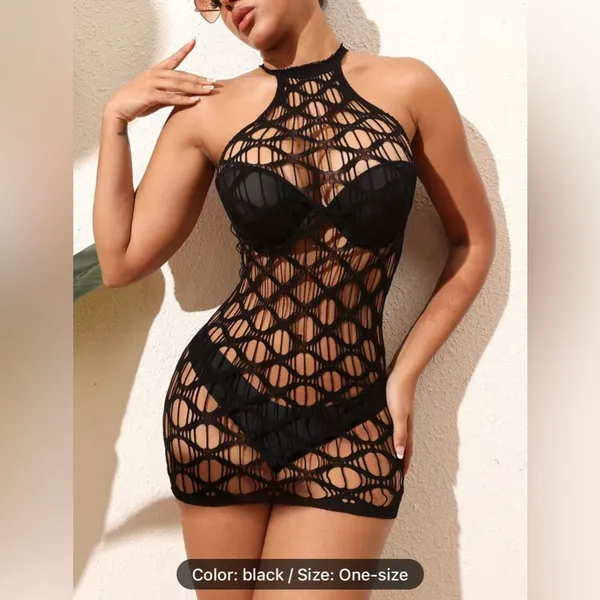 Black Solid Color Hollow Out Fishnet Dress Without Bikini, High‎ Round Neck - Image 5