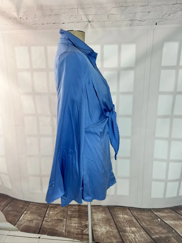 Hello Molly Blue New Perspective Satin Long Sleeve Mini Shirt Dress Size Medium - Image 4