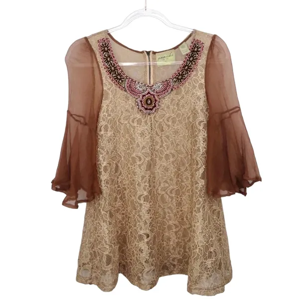 Gimmicks by BKE Mauve Pink Lace Beaded Boho Fairy Beaded Silk Blouse Small - Image 4