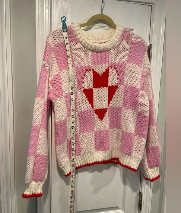 NWT Luna Ivy Size S Pink Cream Check Heart Chunky Knit Long Sleeve Crew Sweater - Image 9