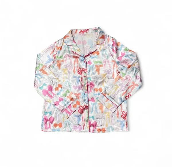 Colorful Bow Print Satin Pajama Set Multiple Size M - Image 2