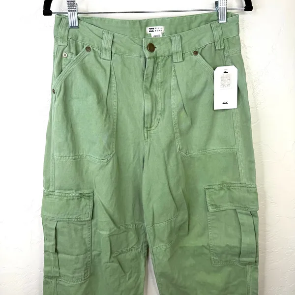 NEW Billabong Green Walk Along Relaxed Cargo Cotton Twill Comfy Pants Size 26 - Image 6