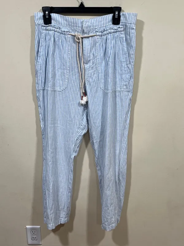 Anthropologie Seashore Linen Blend Pants Women S Blue Striped Rope Belt Crop - Image 6