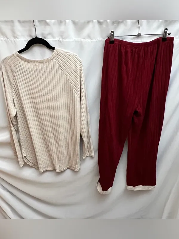 Womens XL Ribbed Lounge Pajama Set Cream Top Burgundy Pants Soft Cozy - Image 2
