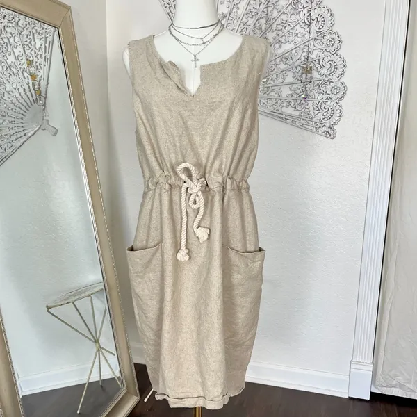 Maeve Flaxen Shimmer Linen Dress Anthropologie Nude Cream Size M / 10 - Image 2