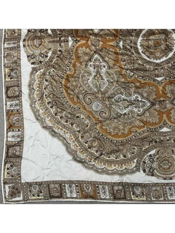 Vintage Square Mandala Pattern Silky Scarf in Cream and Brown Boho Medallion - Image 6