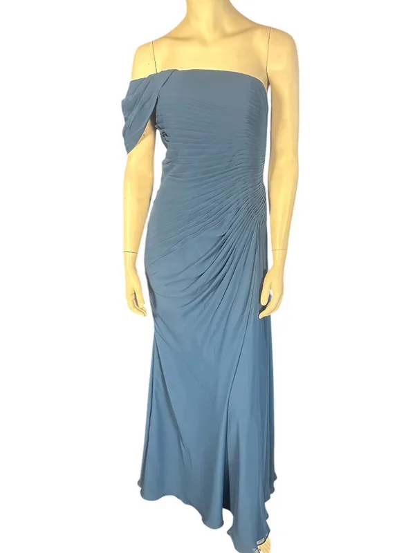 Ryanth Asymmetrical Off Shoulder Ruched Bodice Chiffon Evening Gown Blue 12 NWT - Image 2