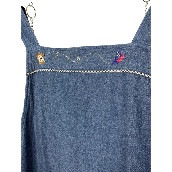 Teddi Vintage Denim Embroidered Hummingbird Pinafore Jumper Dress Blue Large - Image 3