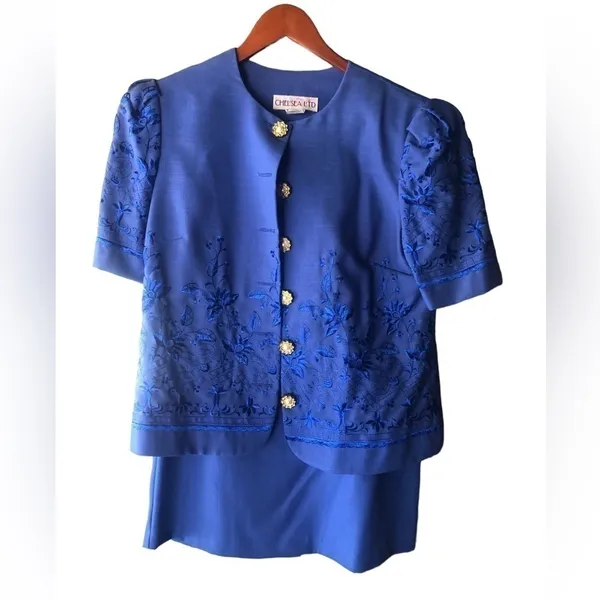 Vintage 80s -90s Chelsea LTD Royal blueblouse skirt set church dress - Image 3