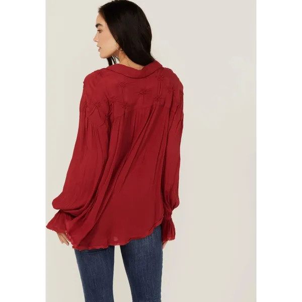 Free People‎ Olivia Long Sleeve Top Womens XS Red Oversized Button Down Festive - Image 2