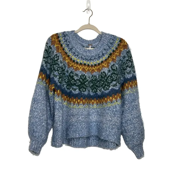 Free People Festive Frost Fair Isle Fuzzy Sweater Small Blue Green Oversized - Image 2