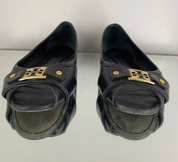 Black Leather Clines Peep-Toe Ballerina Flats - Image 7