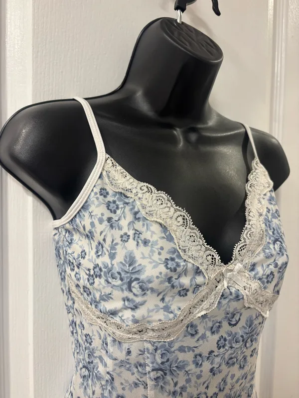 Garage Y2K Coquette Corset-Style Bow Lace Trim Blue Floral Mesh Cami Fairy Core - Image 2