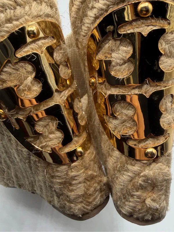 Tory Burch Kristen Espadrille Wedge Sandals Cream Canvas Gold Logo Women’s 10 - Image 10