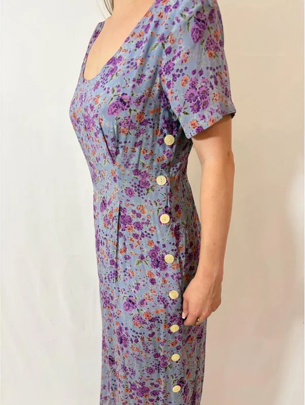 Retro Light Purple Floral Vintage Rayon Prairie Picnic Casual Dres - Image 4