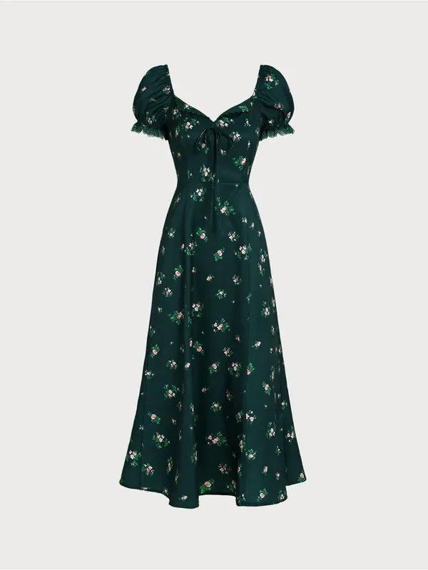 Rihoas Green Puffed Sleeve Floral Midi Dress - Image 7