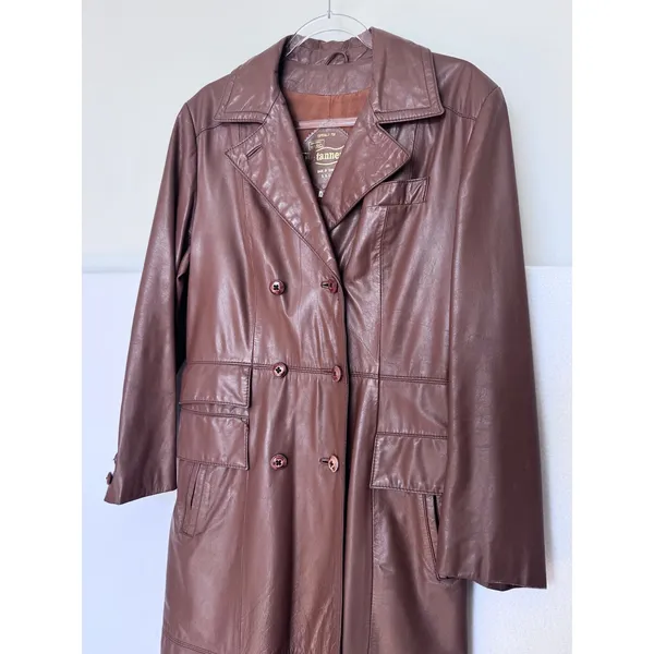 1970s The Tannery For Montgomery Ward Brown Leather Trench Coat M Long Coat - Image 13