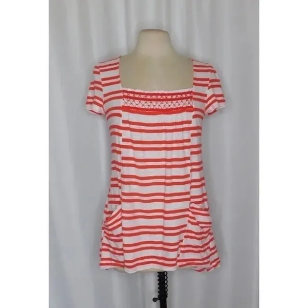 Anthropologie MEADOW RUE Marin Striped Top Smocked Knit Red White Medium - Image 2