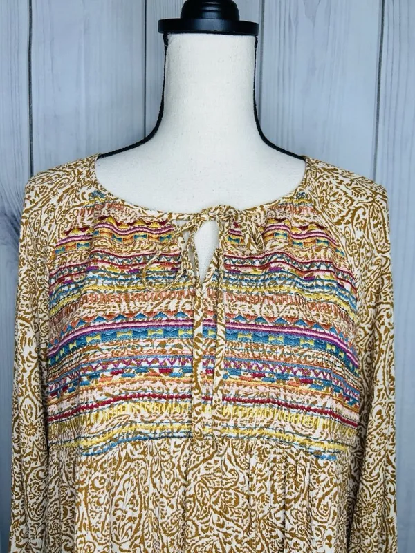 Savanna Jane Embroidered Shirt Peasant Southwest Floral Boho Sz L Tie Neck - Image 2