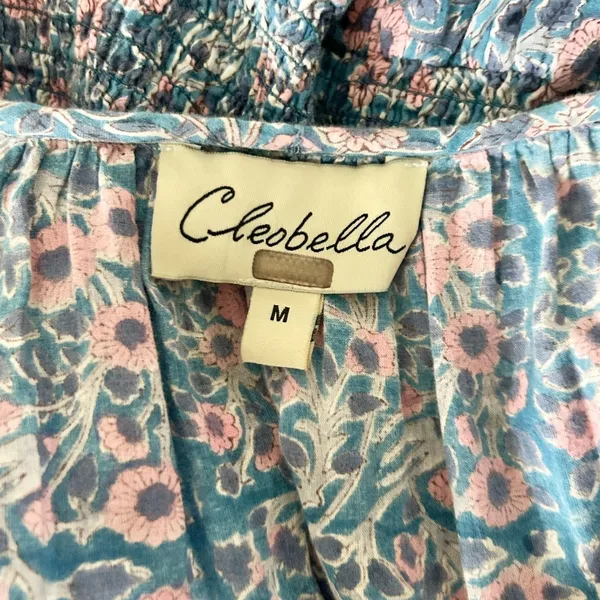 Cleobella Blue Pink Floral Cotton Smocked Mini Dress Size Medium Boho Tiered - Image 6