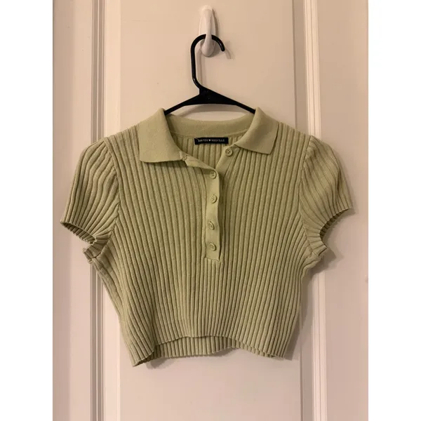 Brandy Melville Sage Green Ribbed Knit Polo Crop Top Small Cotton Short Sleeve - Image 2
