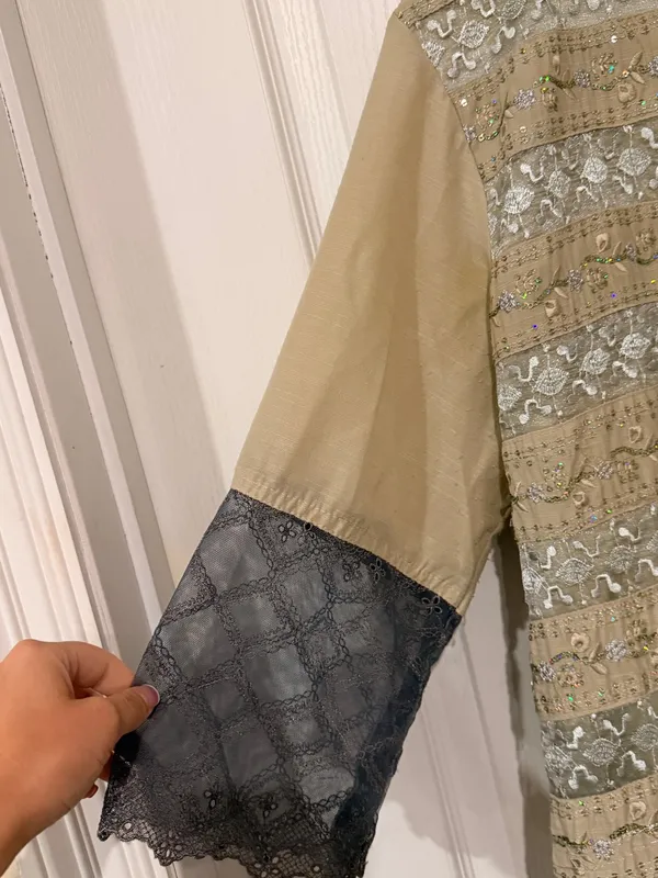 Handmade Indian Beige and Gray Embroidered Formal Women's Dress - Image 2