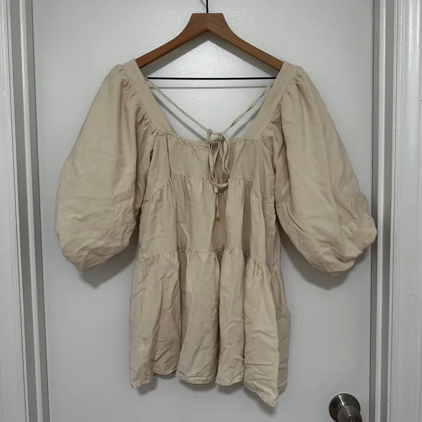 SNDYS x Revolve | Women's Beige Linen Blend Puff Sleeve Tier Babydoll Dress, XS - Image 3