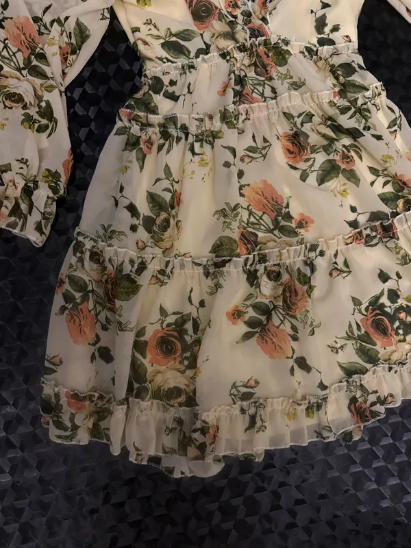 Justify Cream Floral Tiered Ling Sleeve Ruffle Dress - Image 2