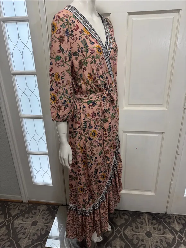 FARM Rio 100% Viscose Pink Floral Wrap Long Sleeve Maxi Dress Size Medium🌸💗 - Image 10