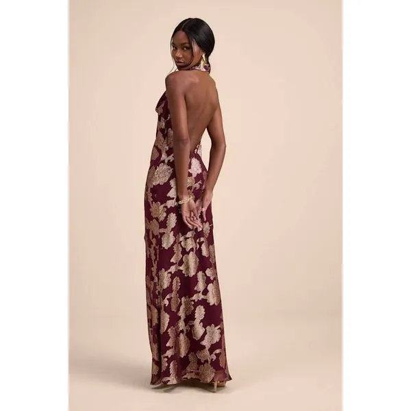 Lulus Zafira Burgundy And Gold Burnout Cowl Halter Maxi Dress Red - Size L - Image 2