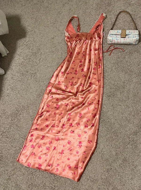 Salmon Pink Satin Floral Maxi Dress - Image 3