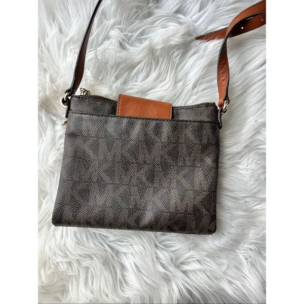 Michael Kors Fulton MK Monogram Crossbody Bag Leather Dark Brown Saddle - Image 7