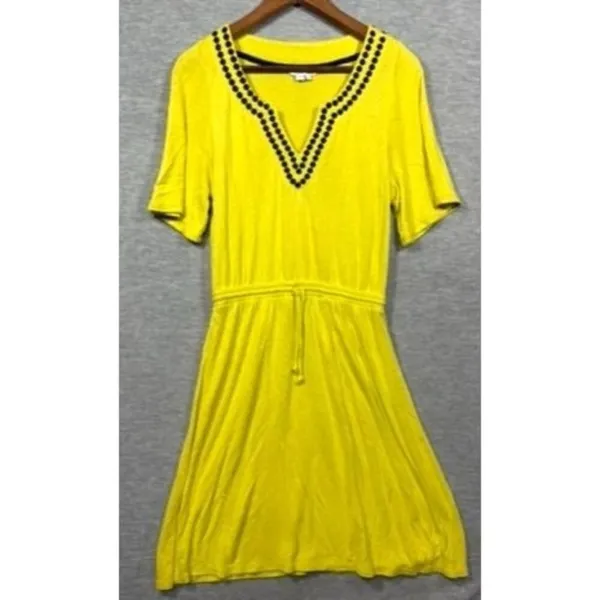 Boden Estelle Dress US 2‎ Yellow Linen Blend Drawstring Waist Embroidered Neck - Image 3
