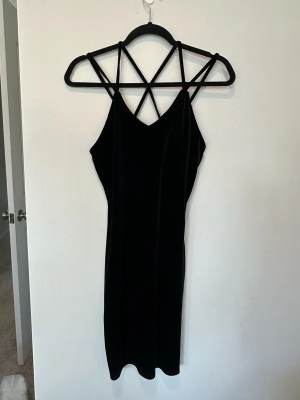 Black Velvet Slip Dress Criss Cross Straps Mini Bodycon - Image 5
