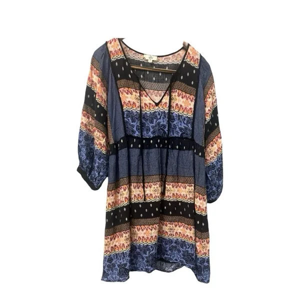Entro‎ Womens Tie Up Neck 3/4 Sleeve Mixed Print Casual Boho Tunic Dress M - Image 3