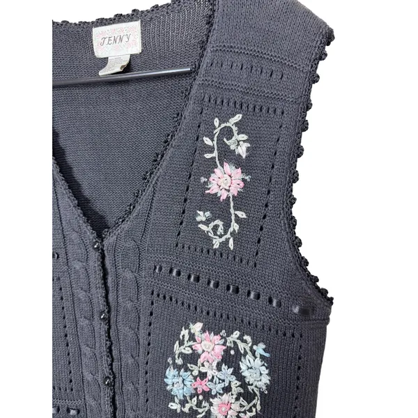 Vintage JENNY Black Embroidered Floral Button‎ Front V-Neck Knit Vest M - Image 2
