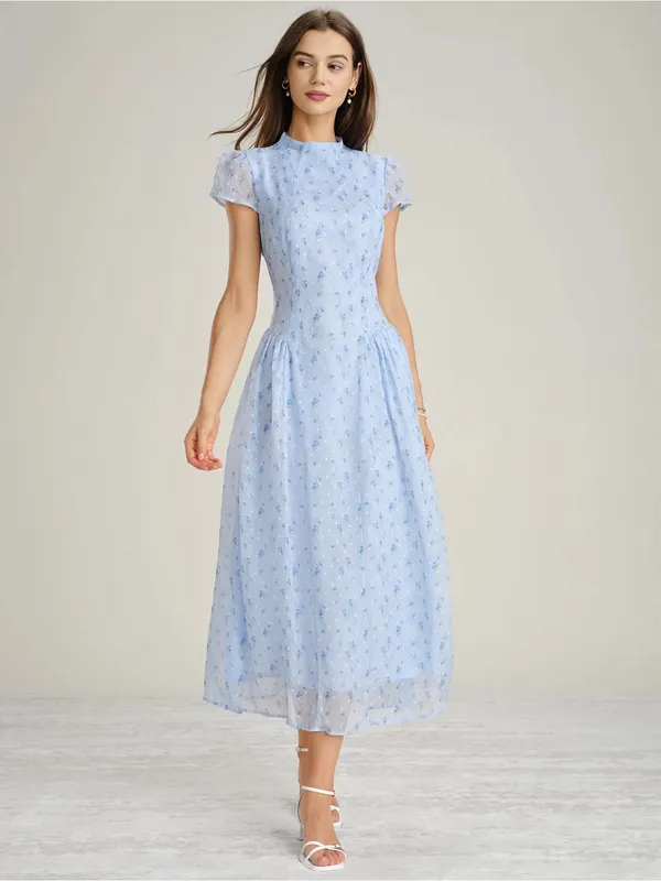 Rihoas Blue Mock Neck Floral Chiffon Maxi Dress - Image 2