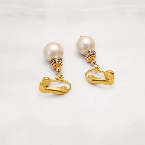 Vintage Clip On Earrings Rich Gold Tone Clear Gems, Faux Pearl Dangle Drop - Image 5