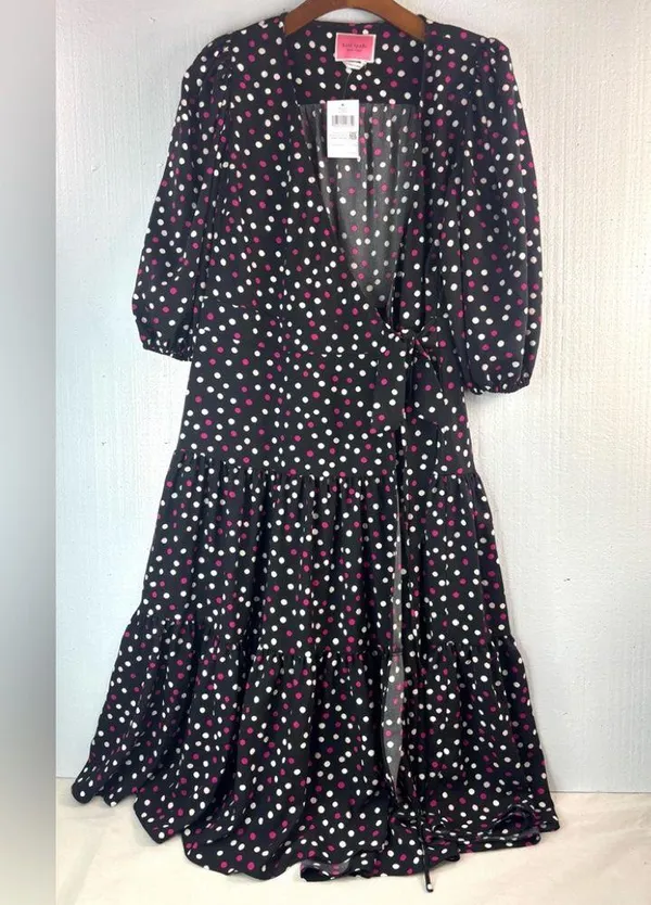 Kate Spade L Drop Waist Wrap Black and Pink Polka Dot Dress - Image 2